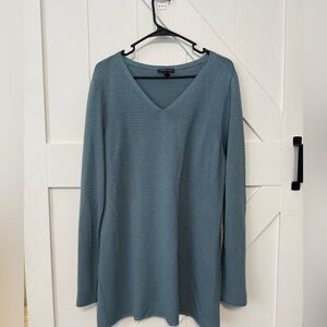 Eileen Fisher Teal Knit V Neck Pullover Long Sleeve Blouse size large